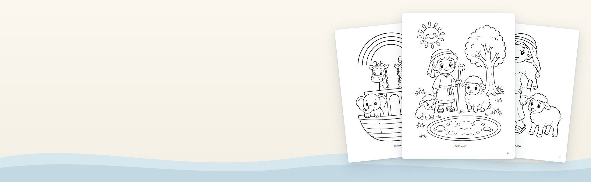 Coloring pages from Still Waters: Noah's ark, a shepherd boy with lambs by still water, and a lamb